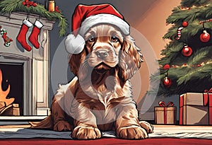 Christmas Secene. A Cocker Spaniel puppy dog wearing a Santa Claus hat