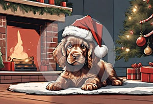 Christmas Secene. A Cocker Spaniel puppy dog wearing a Santa Claus hat