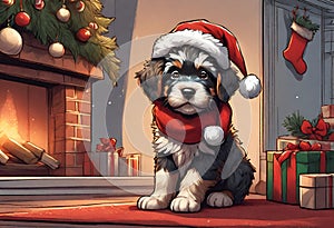 Christmas Secene. A Barbet puppy dog wearing a Santa Claus hat