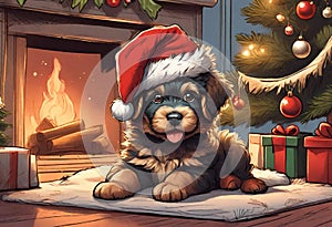 Christmas Secene. A Barbet puppy dog wearing a Santa Claus hat