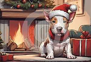 Christmas Secene. A Bull Terrier puppy dog wearing a Santa Claus hat