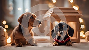 dog with christmas lights A comical scene where a baby puppy and a dachshund are snoozing in a dollhouse,