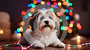 dog in christmas night A humorous Christmas snapshot of a Havanese puppy dog tangled in colorful string lights,