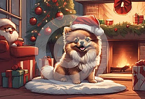 Christmas Secene. A pomeraniam puppy dog wearing a Santa Claus hat