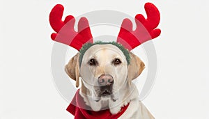 Dog christmas reindeer antlers. Funny labrador with holidays costume isolated in white background