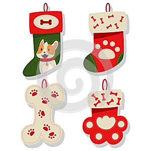 Dog Christmas stocking vector cartoon set