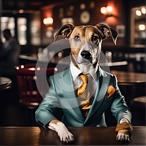 A dog in a classic suit sits at a bar table