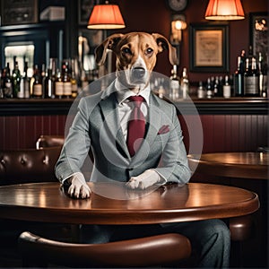 A dog in a classic suit sits at a bar table