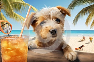 A dog with a cocktail on the beach