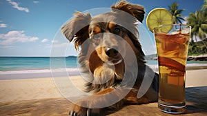 Dog with a cocktail on the beach, vacation, Generative AI 1