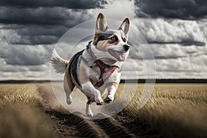 A Dog In A Collar Running Across A Field. Generative AI