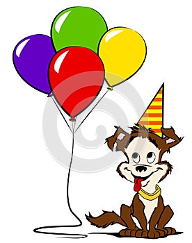 Dog with colored balloons and party hat