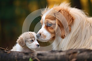 a dog comforting a scared puppy