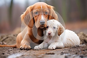 a dog comforting a scared puppy