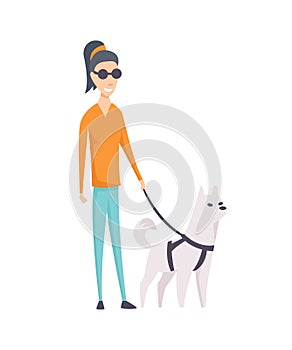 Dog companion and blind girl on walk isolated on white background - blind person and guide dog. Vector pet companion and