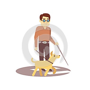 Dog companion and blind man on walk on white background - blind person and guide dog