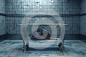 A dog is confined in a metal cage inside a jail cell