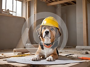 a dog in a construction helmet at a construction site