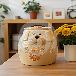 Dog Cookie Jar - Light Beige And Orange Flower Design