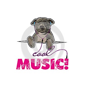 Dog, cool music, play music, headphones, vector, pink