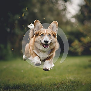 a dog of Corgi breeds rushes along the lawn