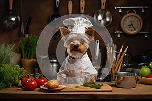 A Dog with a cute chef\'s outfit that preparing a delicious meal in the kitchen, Chef costume ready to cook for dinner, funny