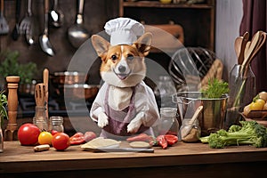A Dog with a cute chef\'s outfit that preparing a delicious meal in the kitchen, Chef costume ready to cook for dinner, funny