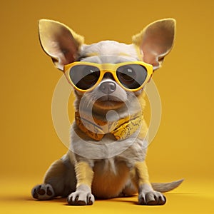 dog cute chihuahua background puppy pet yellow glasses fun animal portrait. Generative AI.