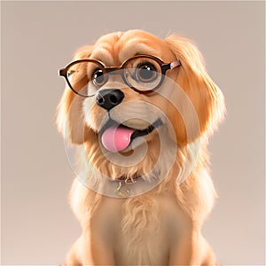 Dog cute pet baby with glasses, smiling, cartoon, isolated, blurred background. Illustration petshop. selective focus. generated