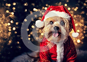 Dog cute puppy wearing Santa Claus costume on Christmas glittering lights