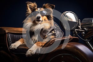 Dog cute riding on a motorcycle with sunglasses Generative AI