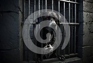 Dog in a dark prison cell. AI created. photo