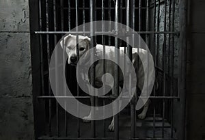 Dog in a dark prison cell. AI created. photo