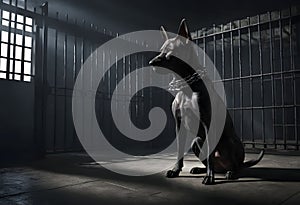 Dog in a dark prison cell. AI created. photo
