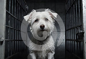 Dog in a dark prison cell. AI created. photo