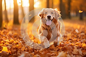 A dog darts through a beautiful forest path covered with fallen leaves, Happy golden retriever dog on Autumn nature background, AI