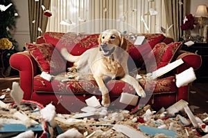 Dog destroying cushions on sofa. Naughty playful dog after biting a pillow. Generative AI