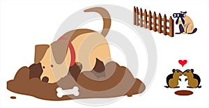 Dog digging hole with spying dog gophers kiss vector illustration