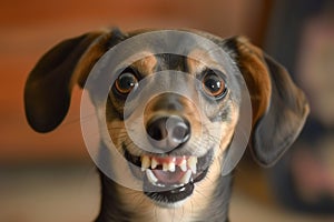 dog with dilated pupils baring teeth