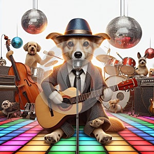 A dog in a disco ground playing instruments on a white background