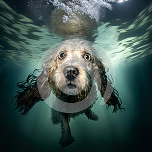 Dog diving underwater, fun dive deep, actions play and training with pets in summer. Illustration, Generative AI photo