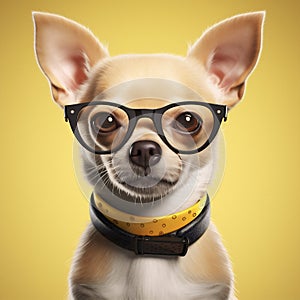 dog doggy cute chihuahua portrait animal background yellow pet puppy glasses. Generative AI.