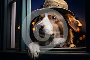 Dog dons hat, gazes through window, embracing a stylish curiosity