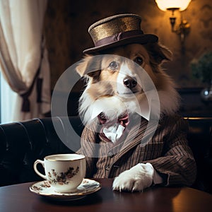 A dog, dressed as a gentleman