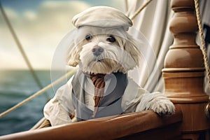 dog dressed as a yachtsman who steers a sailing yacht