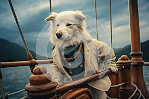dog dressed as a yachtsman who steers a sailing yacht