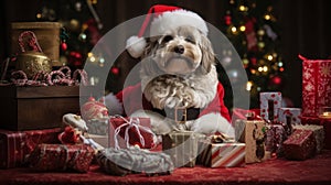 a dog dressed in a Santa Claus outfit, surrounded by Christmas presents