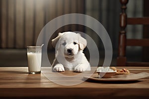 Dog drinking milk. By Generative AI