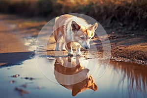 Dog drinking out of water puddle. Concept for Leptospirosis bacteria danger