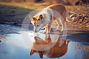 Dog drinking out of water puddle. Concept for Leptospirosis bacteria danger